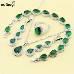 XUTAAYI-Conjuntos de joyas de plata 925 de alta calidad, collar/anillos/pendientes/pulsera de fantasía de esmeralda de imitación verde, conjuntos de joyas de boda