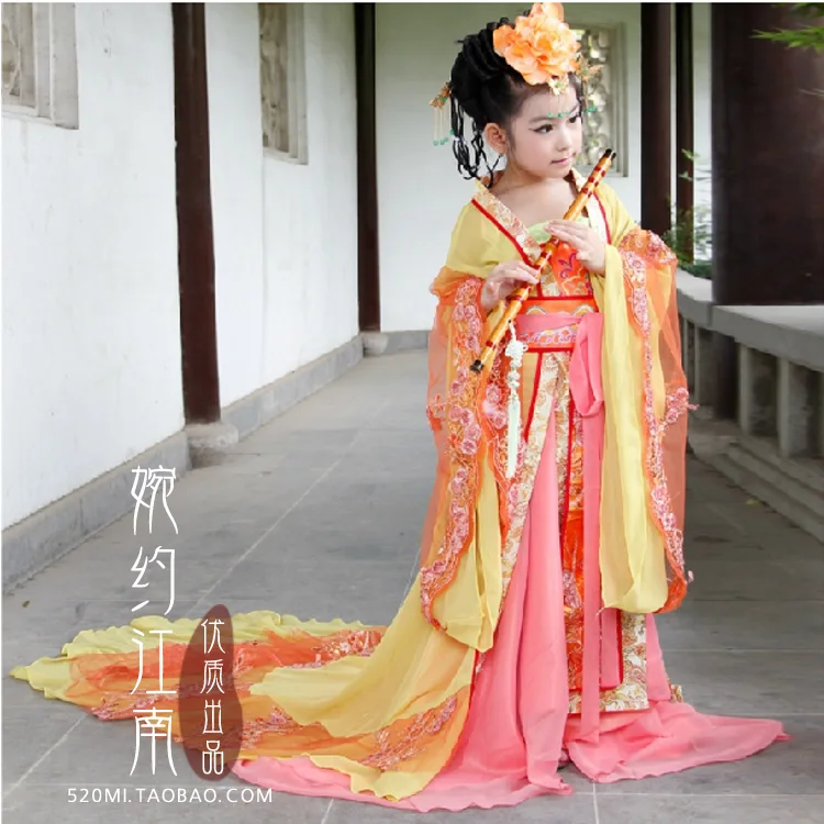 Tang Dynasty Tailed Princess Costume Ancient Chinese Princess Costume for Little Girl Photography or Stage Performance Wear