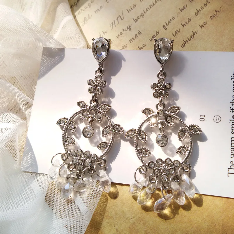 Long Water Drop Shape Crystal Earrings Vintage Royal Shinny Rhinestones Leaves Gorgeous Clip On Earrings Non Pierced for Women