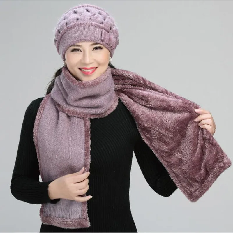 Mid-aged and Old Hat Mother Autumn Winter Warm Casual Cap Women Knitted Wool Grandmothers Caps Outdoor Soft Fashion Scarf H7150