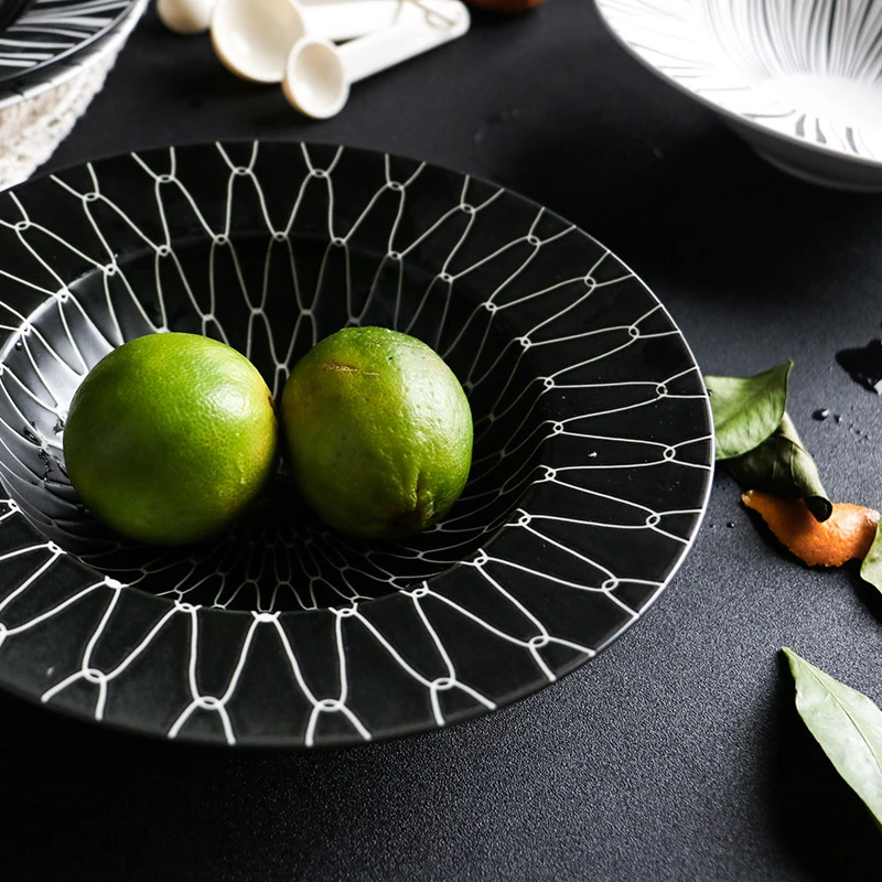 Ceramic Western Deep Plate for Restaurant, Salad Pastal Dishes, Western Food Tableware, Creative Black and White Straw Hat Plate