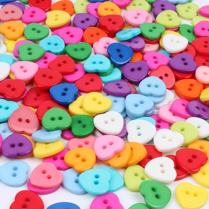 100pcs 12mm Plastic 2-Holes Heart Button Mix Candy Color Resin love heart flatback buttons Sewing Tools Girls Clothes Accessory