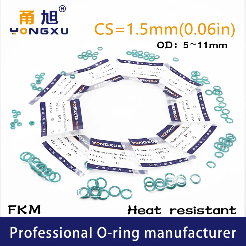 FKM حلقات فلور أو ، أختام خضراء ، CS  ، OD 5 ، مطاط ، 6 ، 15 في اللوت 5/7/. 5/9/. حلقة طوقا حلقات غسالة ، 5 ، 11x1.5mm