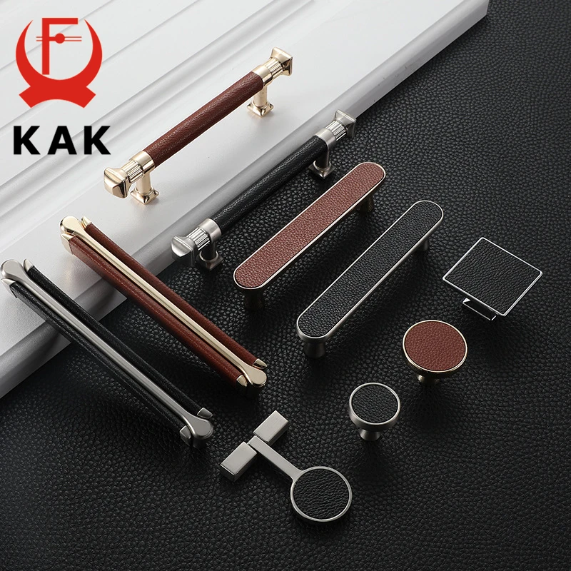 

KAK Vintage Leather Cabinet Knobs and Handles Wardrobe Kitchen Cupboard Door Pulls European Zinc Alloy Furniture Handle Hardware