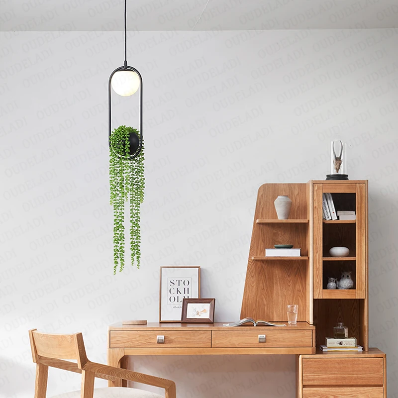 Black Ring Green Plant Pendant Lights Glass ball Hanging Lamp Dining table Bar Restaurant Home Decor Lighting Fixtures