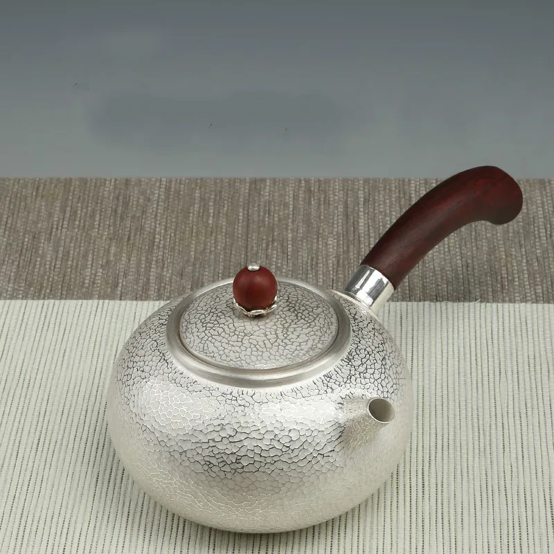 Sterling silver handmade 999 red sandalwood side pot sterling silver hammer pattern silver pot tea set