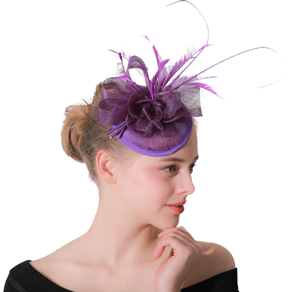 Elegant Women Purple Fascinators Heaband Wedding Headwear Hair Clips With Feather Cocktail Hats Ladies Wedding Hair Accessories