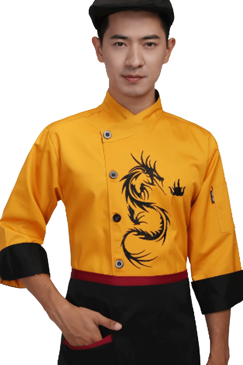 Hotel chef long sleeve embroidery autumn and winter clothes seven points sleeve kitchen hotel work uniform embroidered dragon