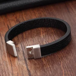 XQNI Stainless Steel Genuine Leather Bracelets For Men Retro Style 12MM Snake Chain Magnet Design Bracelet For Men Birthday Gift