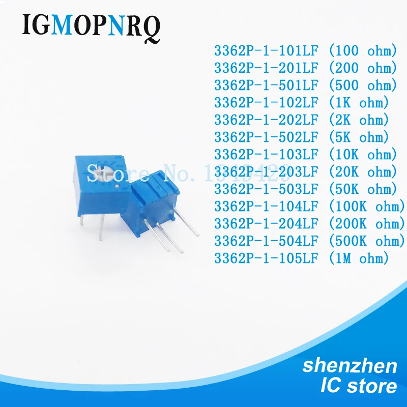 10pcs 3362P 101 201 501 102 202 502 103 203 503 104 204 504 105 Trimpo Trimmer Potentiometer 3362 500R 1K 2K 5K 10K 20K 50K 100K