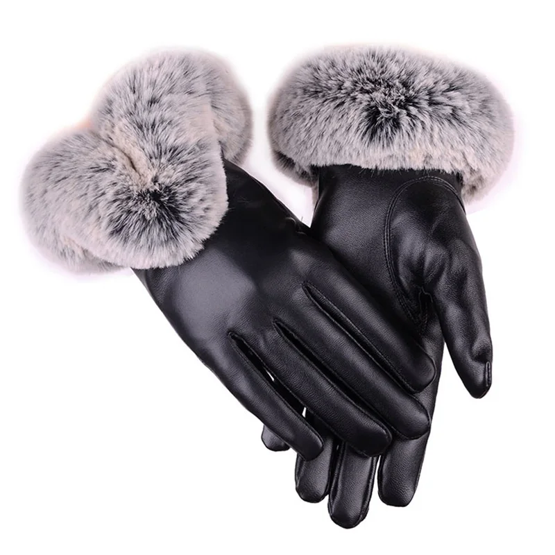 Winter Warm Touch Screen PU Leather Gloves Women Mittens Fashion Luxury Faux Fur Gants Female Leather Plush Luvas Skiing Thick