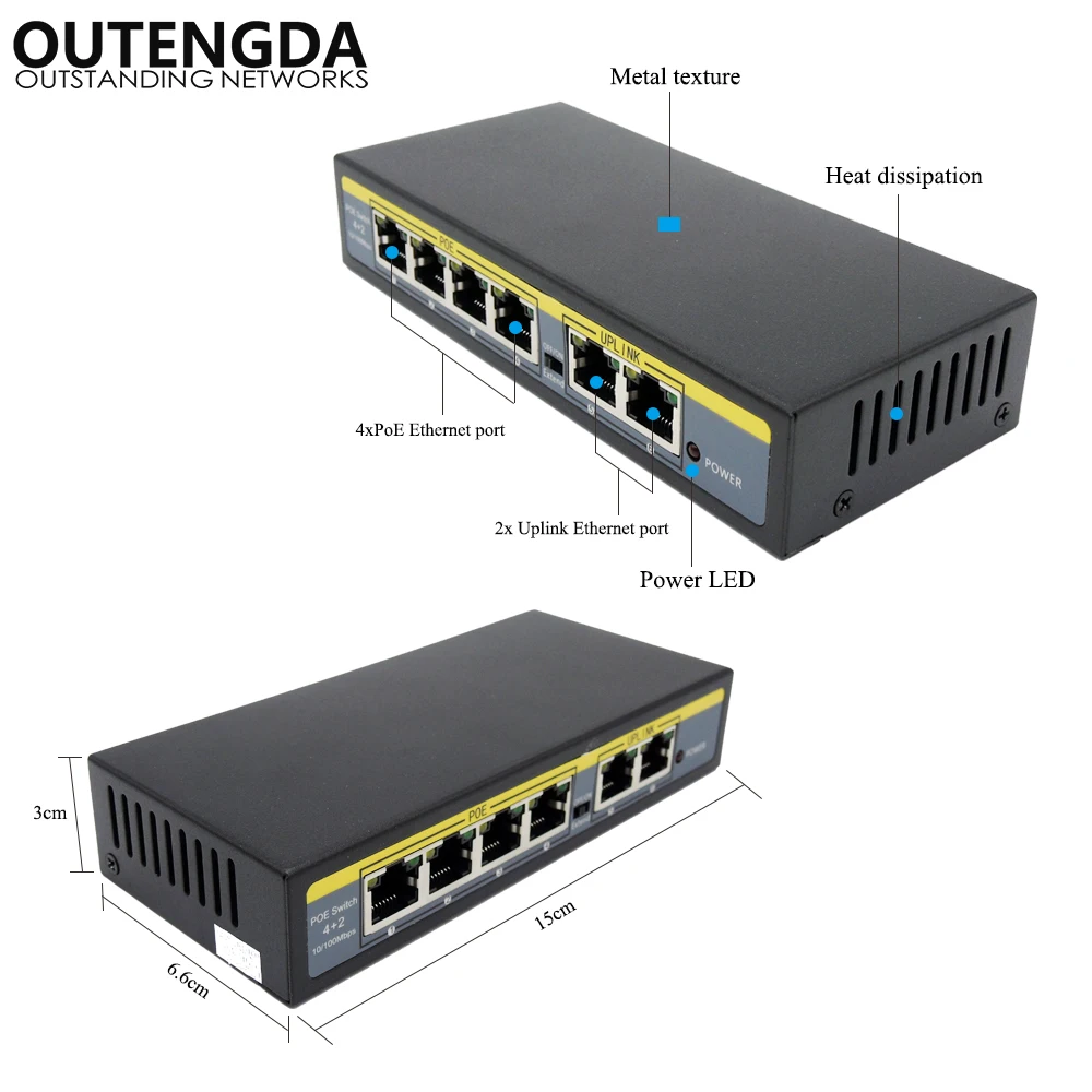 4 + 2 poorts PoE Switch 802.3af Standaard schakelaar 802.3at Power Over Ethernet Switch Injector voor Draadloze AP IP telefoons Camera