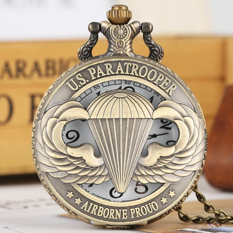 American U.S. Paratrooper Retro Hollow Dial Quartz Pocket Watch Necklace Pendant Chain Floral rattan Pocket Watch Gifts for Men