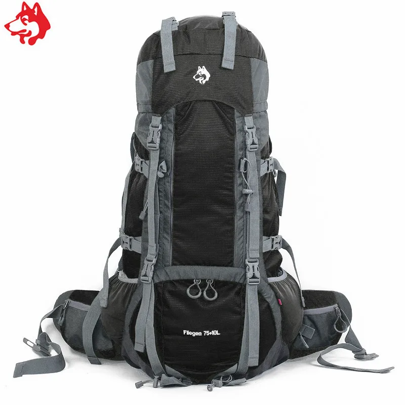 Mochila esportiva azul/verde/preta de 75l + 10l, esporte ao ar livre, quadro externo de 85l, mochila de montanhismo, acampamento, caminhadas e viagem