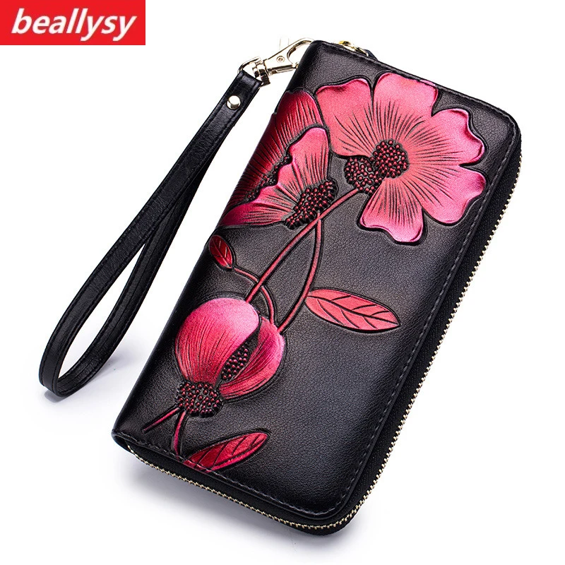 

Flower Genuine Leather Women Wallet Female zipper Long Walet clamp for money Coin Purse Clutch Card Holder Vallet Portomonee