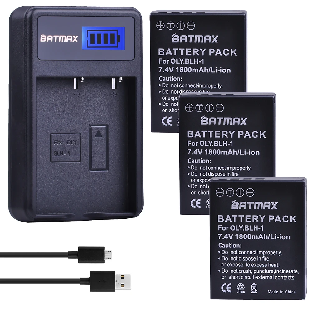 

Batmax 3pc 1800mAh BLH-1 BLH1 Camera battery+LCD USB Charger for Olympus E-M1 Mark II Camera