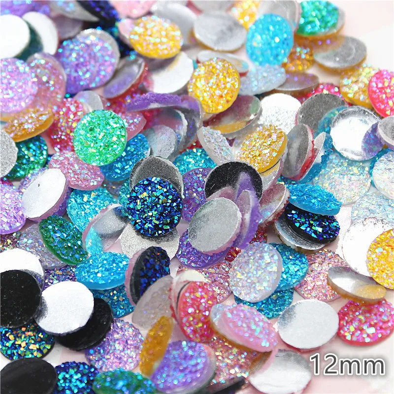 100pcs 12mm Round Resin Shiny AB Druzy Stone Surface Rhinestone Flatback Cabochon DIY Decorative Craft Scrapbooking Accessories