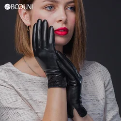 BOOUNI-guantes de cuero genuino para mujer, de alta calidad, a la moda, bordado de encaje negro, de piel de oveja, para invierno, NW075