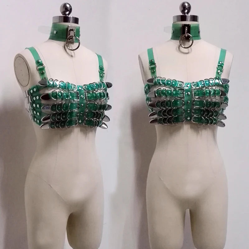 100% Handmade Sexy 5 Row Caged Bra Top Heavy Duty Metal Chest Bra Oversized Choker Waist Belt with Chain Link