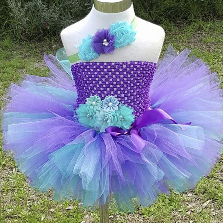 2017 New Girls Flower Tutu Dress Baby Fluffy 2Layers Tulle Ballet Tutus Crochet Peacock Dress with Headband Kids Party Clothes