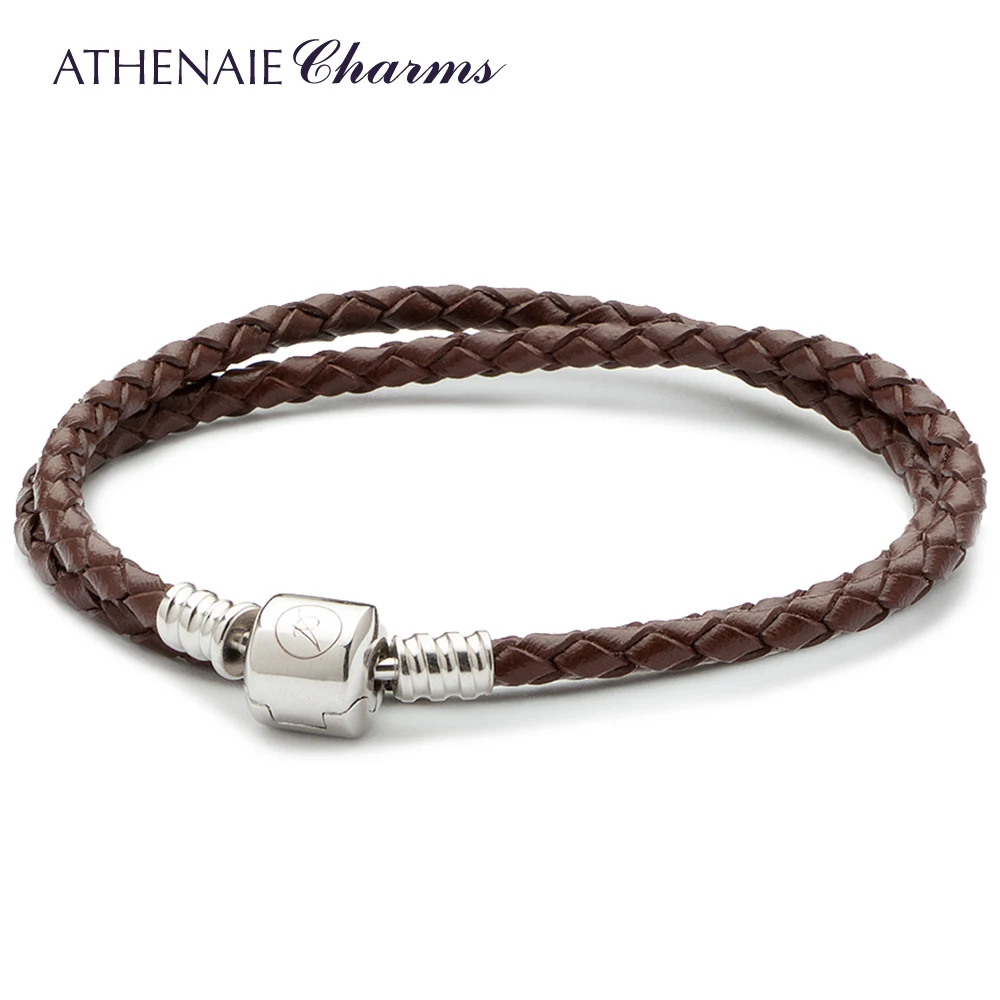 

ATHENAIE Brown Double Braided Leather 925 Sterling Silver Snap Clasp Bracelet Size 13.39inch Fit All European Bead