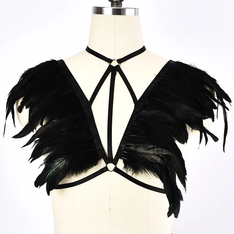 

BODY HARNESS Women Black Feather Cage Bra Elastic Adjust Fetish Sexy Lingerie Goth Top Cage Bondage Harness Belt Rave Bra