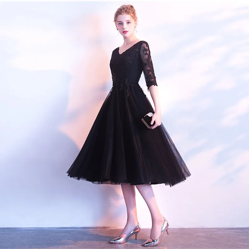 

Elegant Tea Length Black Prom Dresses V-Neck Illusion Half Sleeves Short Formal Party Evening Dresses Best Sell Cheap Prom Gown