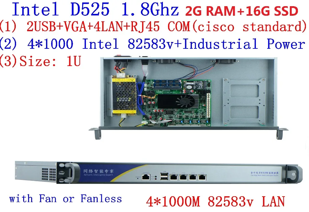 home server Firewall network with 4* Intel 1000M 82583 RJ45 120W industrial power supply support ROS Mikrotik etc 2G RAM 16G SSD