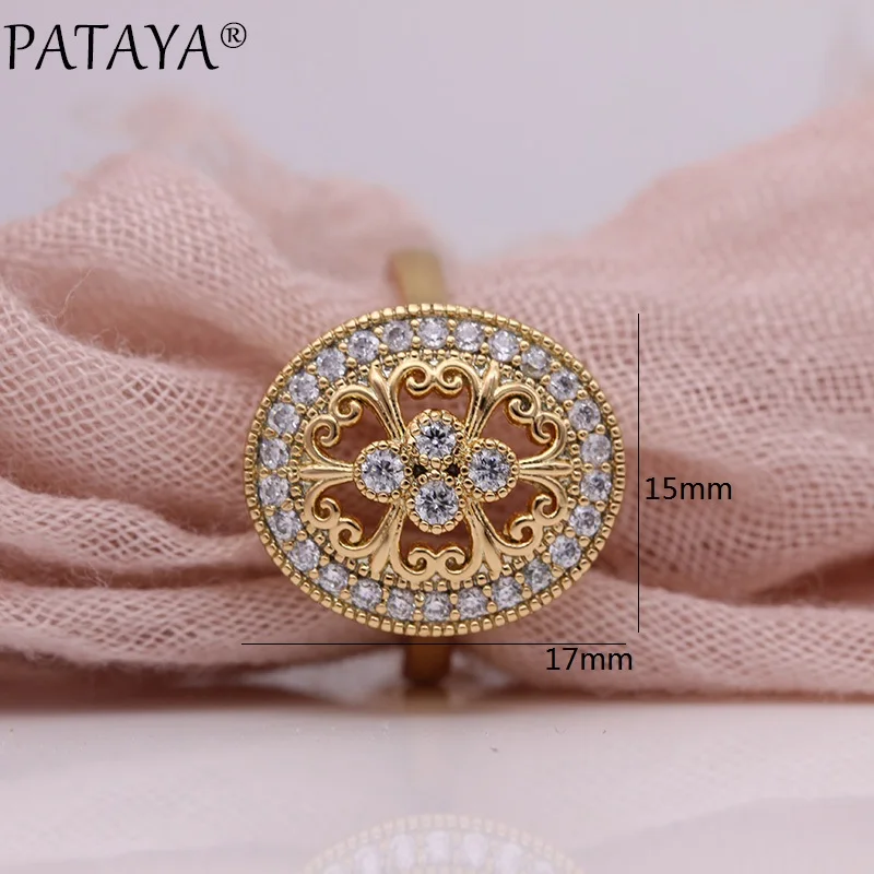 PATAYA New Micro Wax Inlay Hollow Rings Women Wedding Fine Fashion Jewelry 585 Rose Gold Color Natural Zircon Flower Oval Rings