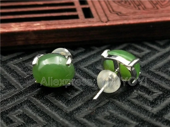 Beautiful 925 Sterling Silver Green HeTian Jade Beads Inlay Style Lucky Ear Stud Earrings + Certificate Girl Charm Gift Jewelry