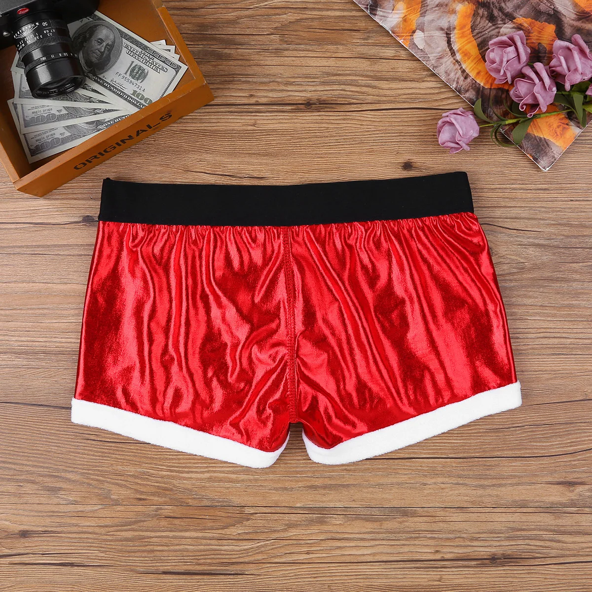 Sexy Men Red Faux Leather Christmas Underwear Santa Claus Panties Costume Festival Fancy Party Rave Underpants Male Boxer Shorts