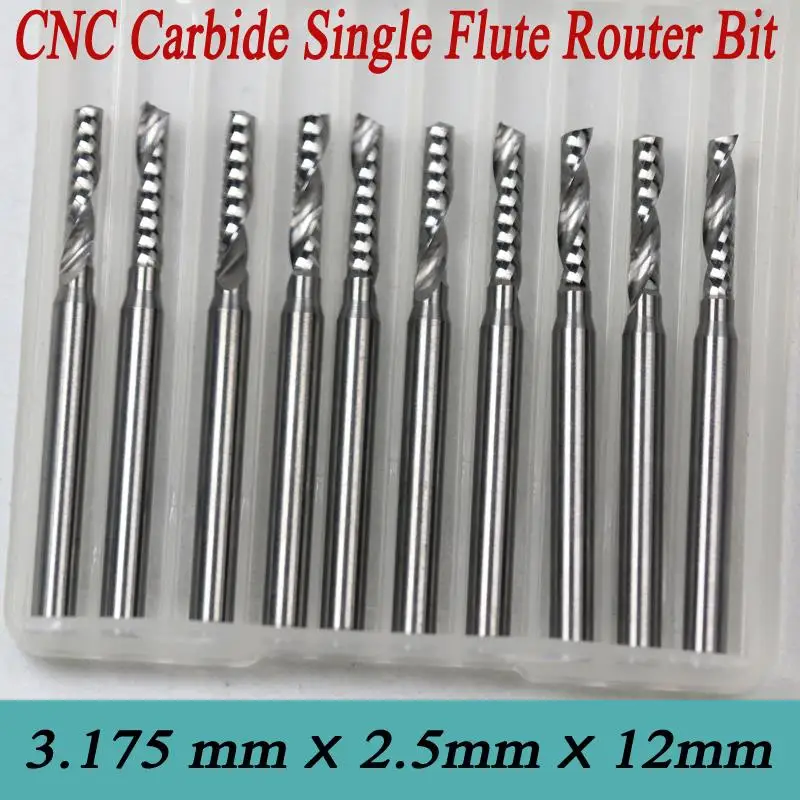 High Precision Grind High Quality 10pcs 3.175*2.5*12mm Single Flute Spiral CNC Router Bits Soild Carbide One Spiral Flute Bit