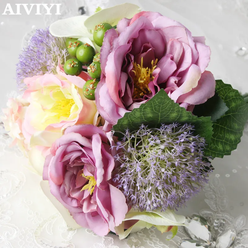 Touch L;atex Wedding of the bride hand artificial rose silk peony hydrangea flower hybrid bouquet home wedding DIY decoration