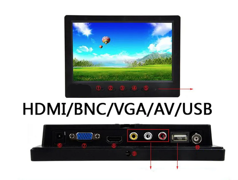 

7" inch TFT LCD Color Monitor HDMI VGA BNC AV USB Input Screen Video Built-In Speakers Fr PC Security CCTV Camera