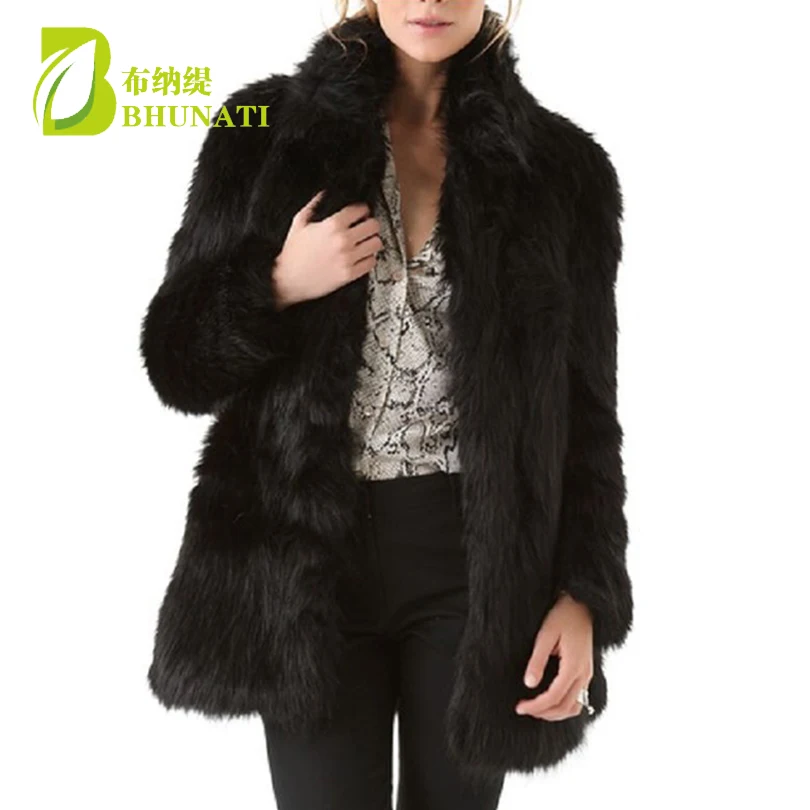 BHUNATI New Arrival Women Fur White Coat with Faux Fox Fur Collar Female Black Artificial Coat Fashion SlimOvercoat