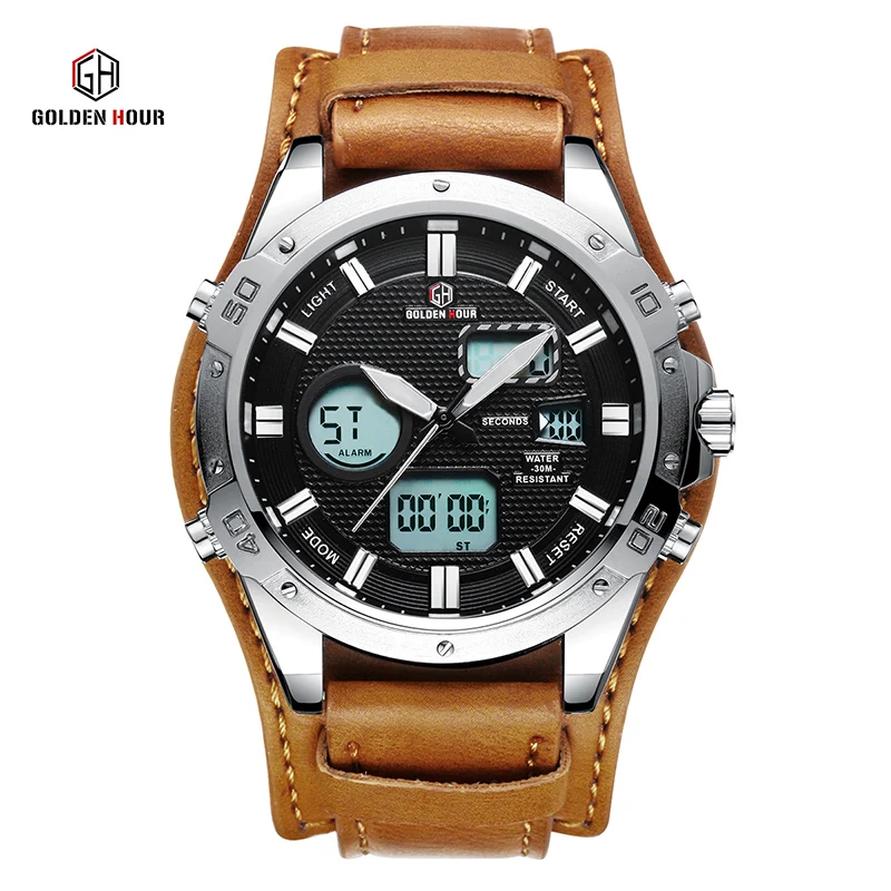 GOLDENHOUR Top Brand Mens Watches Fashion Casual Quartz Wristwatch Male Waterproof Military Leather Business Relogio Masculino