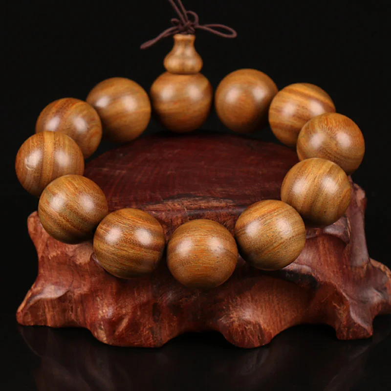 Buddhist Wooden Bracelets ,Natural Green Sandalwood Bead Bracelet,Prayer Big Bead Mala Bracelet Women Men Jewelry