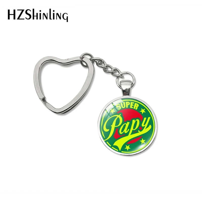 New Super Papy Heart Key Chains Holder Glass Dome Pendant Fashion Color French Word Grandpa Gifts Car Keyring Fob Jewelry