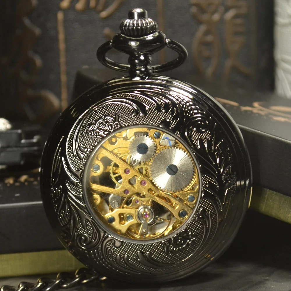 Vintage Black Classic Watches Antique Black Stainless Steel Mens Hand Winding Mechanical Pocket Watch Steampunk Women Gifts