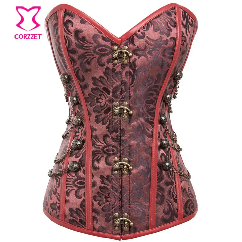 

New Burlesque Brown Brocade Steel Boned Corset Overbust Steampunk Corselet Plus Size Sexy Corsets And Bustiers Korsett For Women