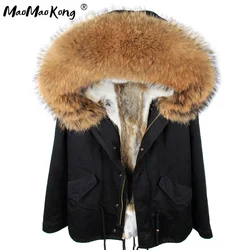 Maomaokong 2022 Woman Large Raccoon Fur Collar Hooded Coat Parkas Outwear Detachable Rabbit Fur Lining Winter Jacket