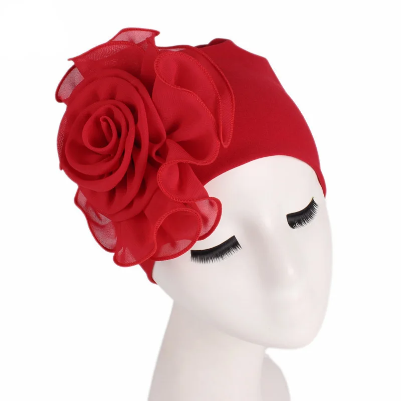 Turbante muçulmano com flor grande para mulheres, gorro hijab, gorros quimio, chapéu do câncer, lenço islâmico, tampa da perda de cabelo