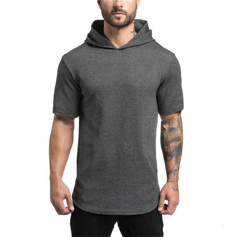 Mens Bodybuilding Hoodies Gyms Hooded Short Sleeve Fitness Clothing Muscle Shirt Cotton Slim Solid Cotton Pullover Sweatshirt