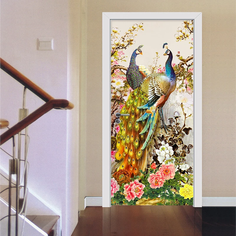 

Chinese Style Romantic Peacock 3D Wallpaper Living Room Photo Wall Door Sticker PVC Waterproof Vinyl Mural Wall Paper Home Decor