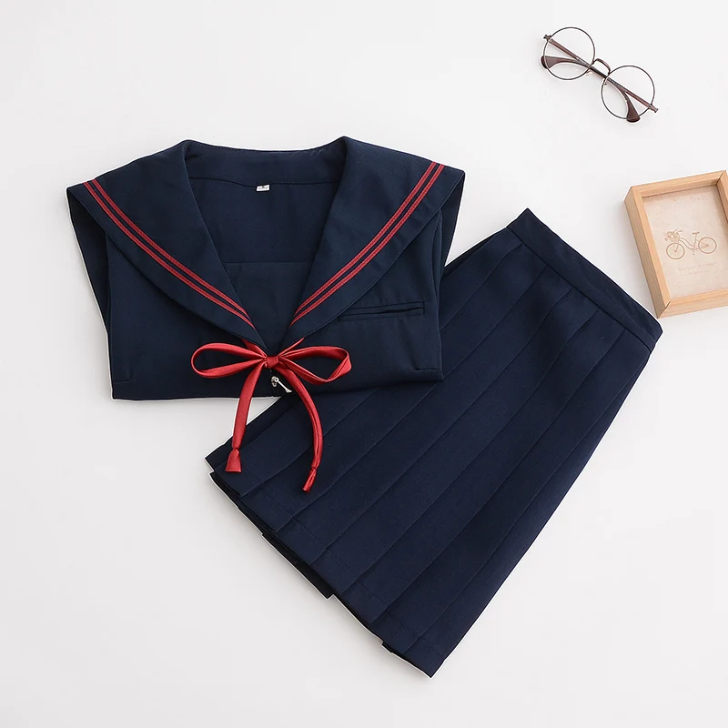 Japanese JK uniform suit Navy blue Shirt with red bow tie Autumn High School Women Novelty Sailor Suits Uniforms XXL