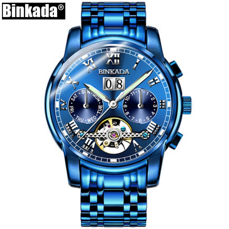 Reloj mecánico automático para hombre, cronógrafo Masculino de lujo, con esqueleto de BINKADA y Tourbillon, con función informal, deportivo, a la moda