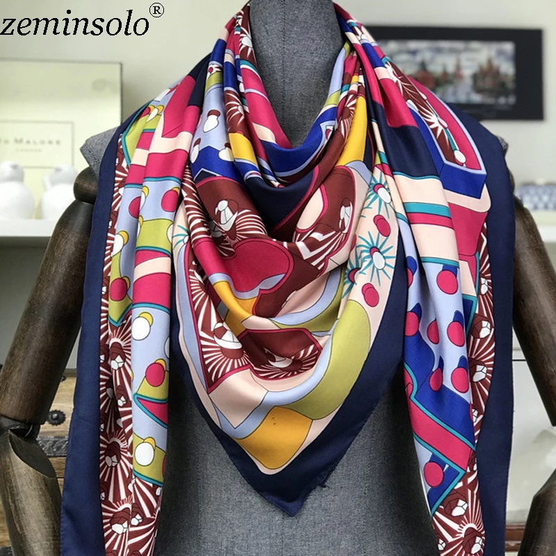 100% Silk Scarf Women Scarf Hijab Printed Hot Design 130*130cm Square Scarves Silk Fashion 2018 Female Bandana Wrap Lady Gift