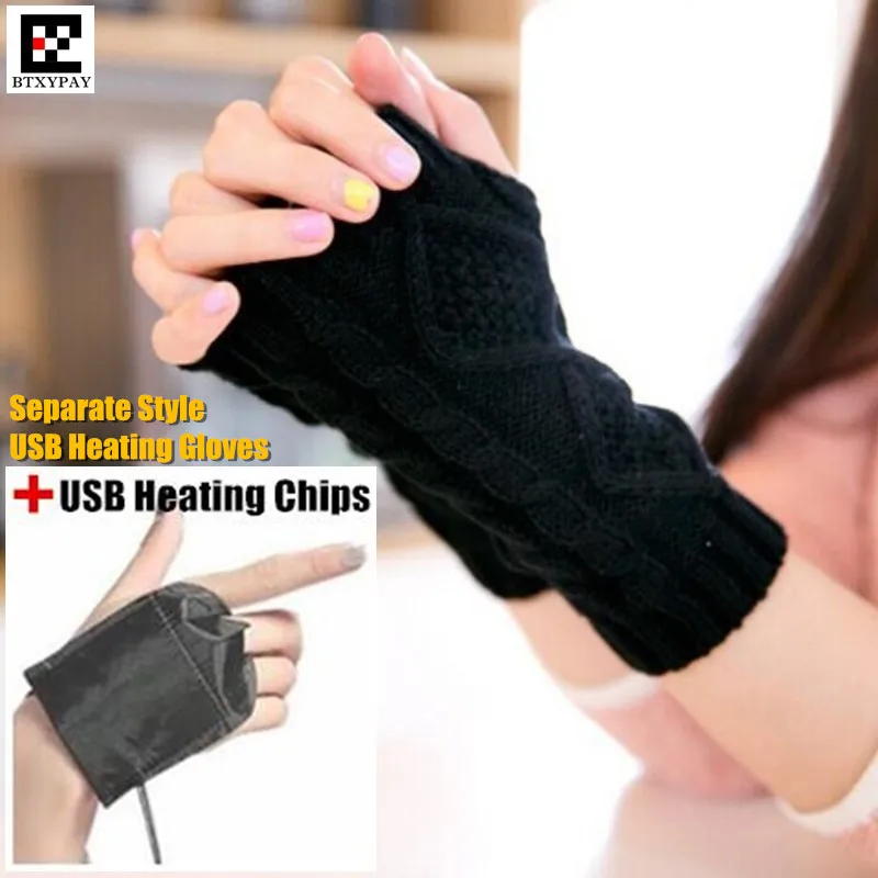 

120p Winter Warm Girl Student Homework Separate Style USB Heating Gloves,Women Office Hand Back Heated Knitted Fingerless Gloves