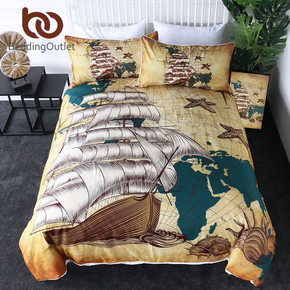 

BeddingOutlet Sailing Ship Bedding Set Nautical Map Quilt Cover World Map Retro Bedclothes Oceans Shells Brown Bedspreads 3pcs