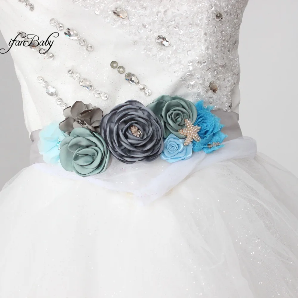 

Blue Grey sash belt Beach Flower Sash for Bridal wedding with rhinestone flower headband Maternity female flower belt